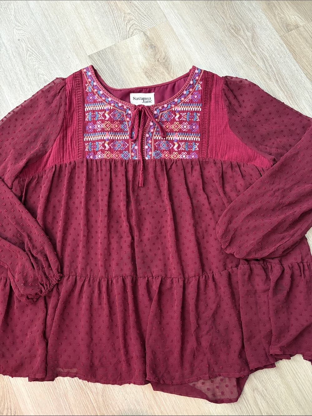 Savanna Jane Maroon Embroidered Swiss Dot Babydoll Blouse size 1X boho peasant